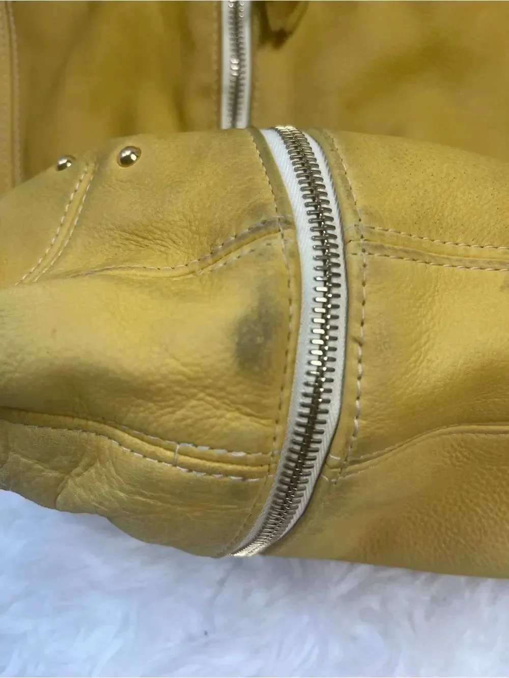 Yellow Leather Tote Bag with Front Zippers